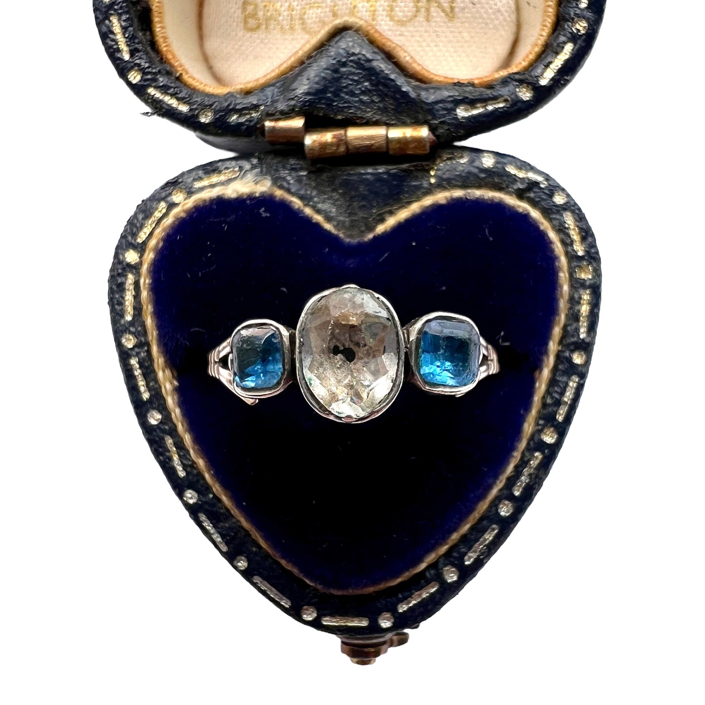 Georgian Three Stone Sapphire Paste Gold and Silver Ring