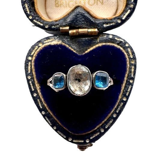 Georgian Three Stone Sapphire Paste Gold and Silver Ring