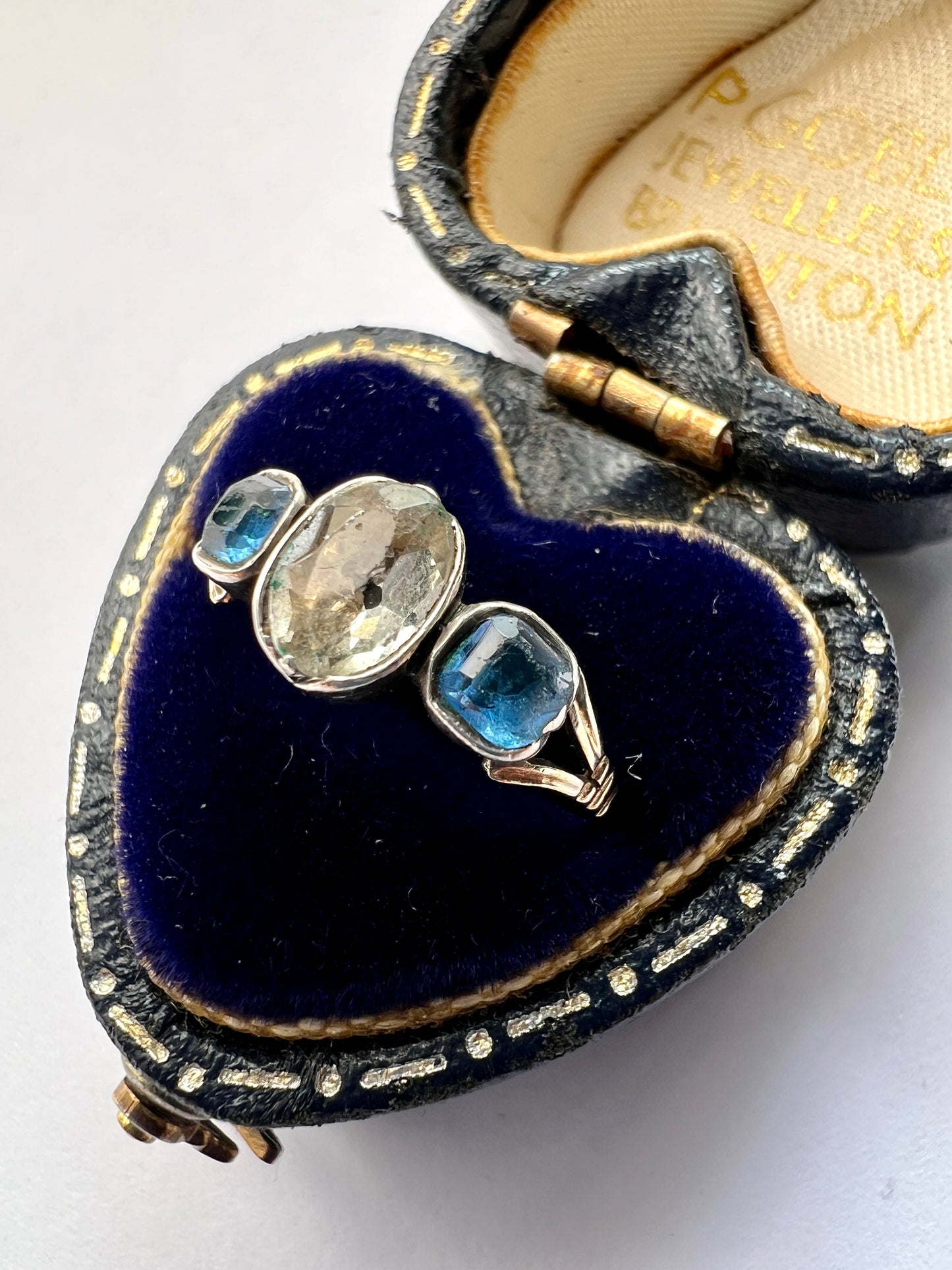 Georgian Three Stone Sapphire Paste Gold and Silver Ring