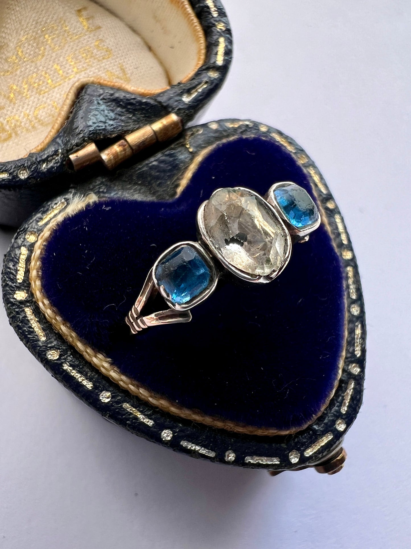 Georgian Three Stone Sapphire Paste Gold and Silver Ring