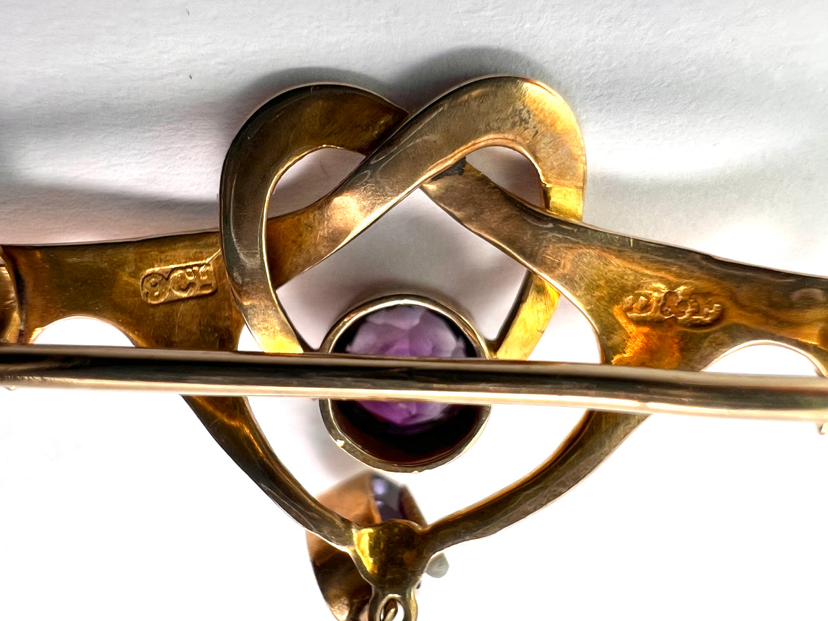 Boxed Art Nouveau 9CT Gold Amethyst Brooch by Deakin & Francis