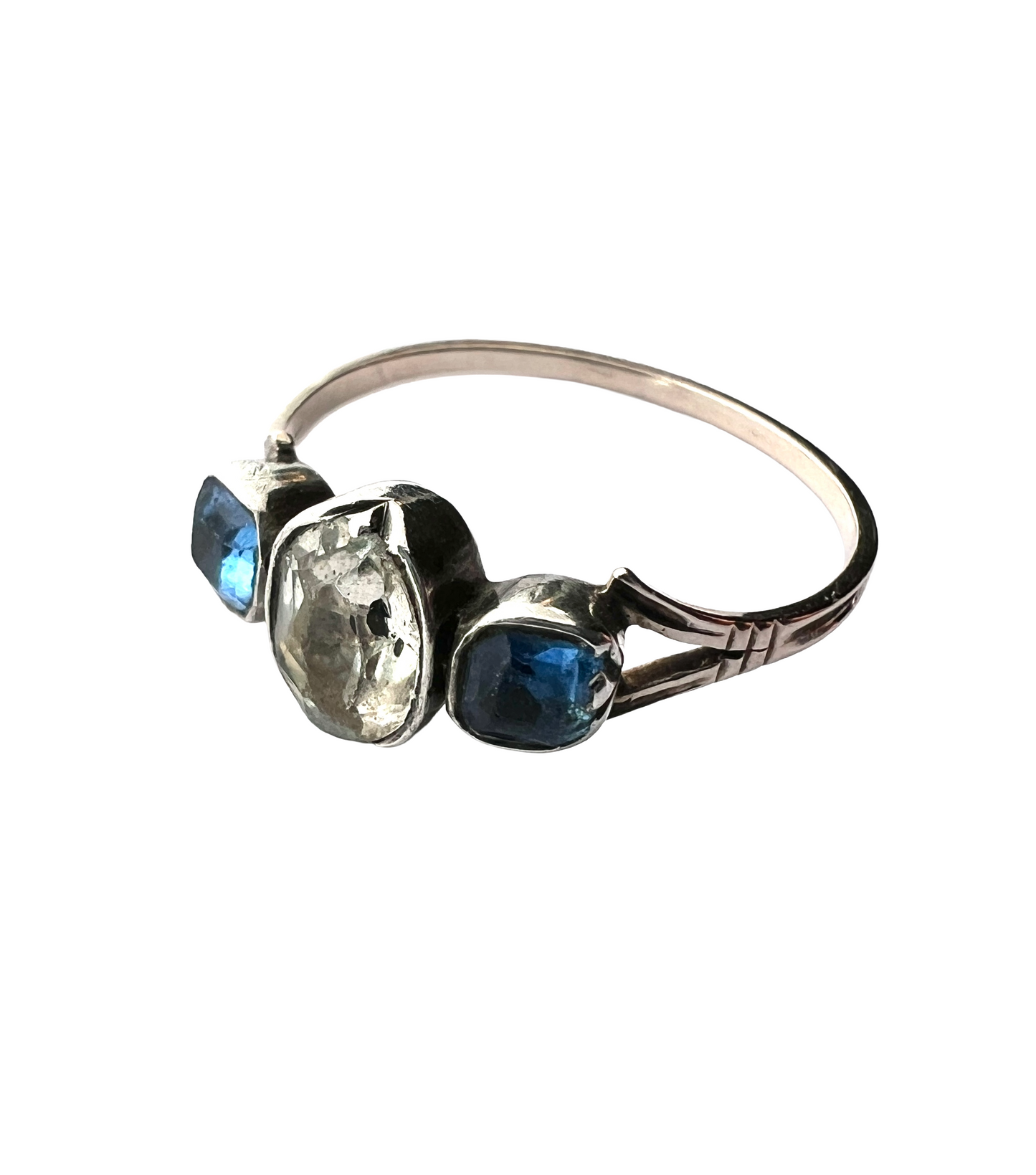 Georgian Three Stone Sapphire Paste Gold and Silver Ring