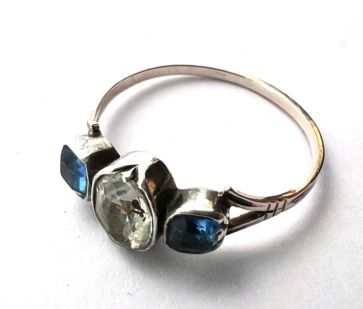 Georgian Three Stone Sapphire Paste Gold and Silver Ring