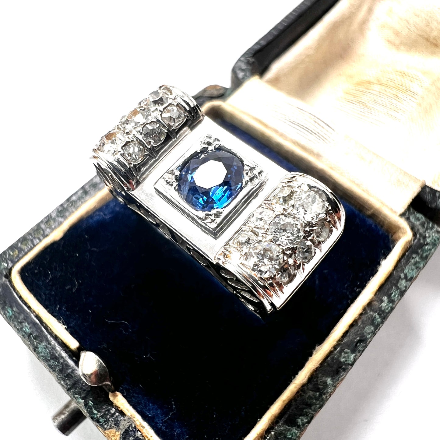 1940s 14CT Gold Vintage Sapphire and Diamond Tank Ring
