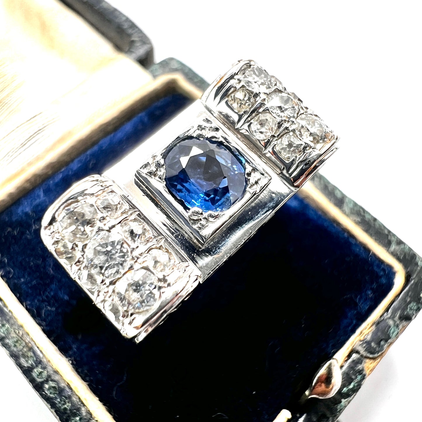 1940s 14CT Gold Vintage Sapphire and Diamond Tank Ring