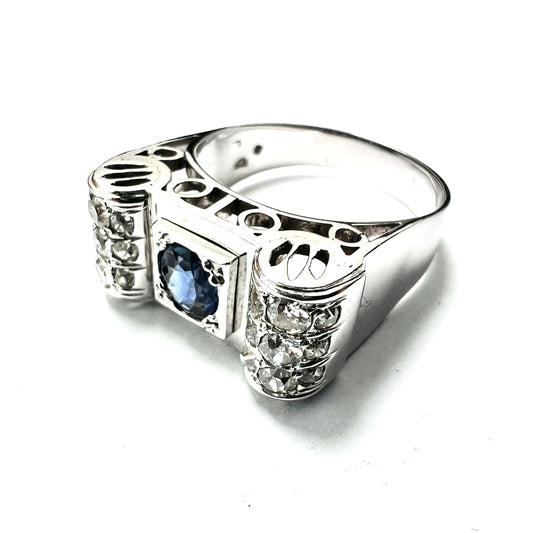 1940s 14CT Gold Vintage Sapphire and Diamond Tank Ring