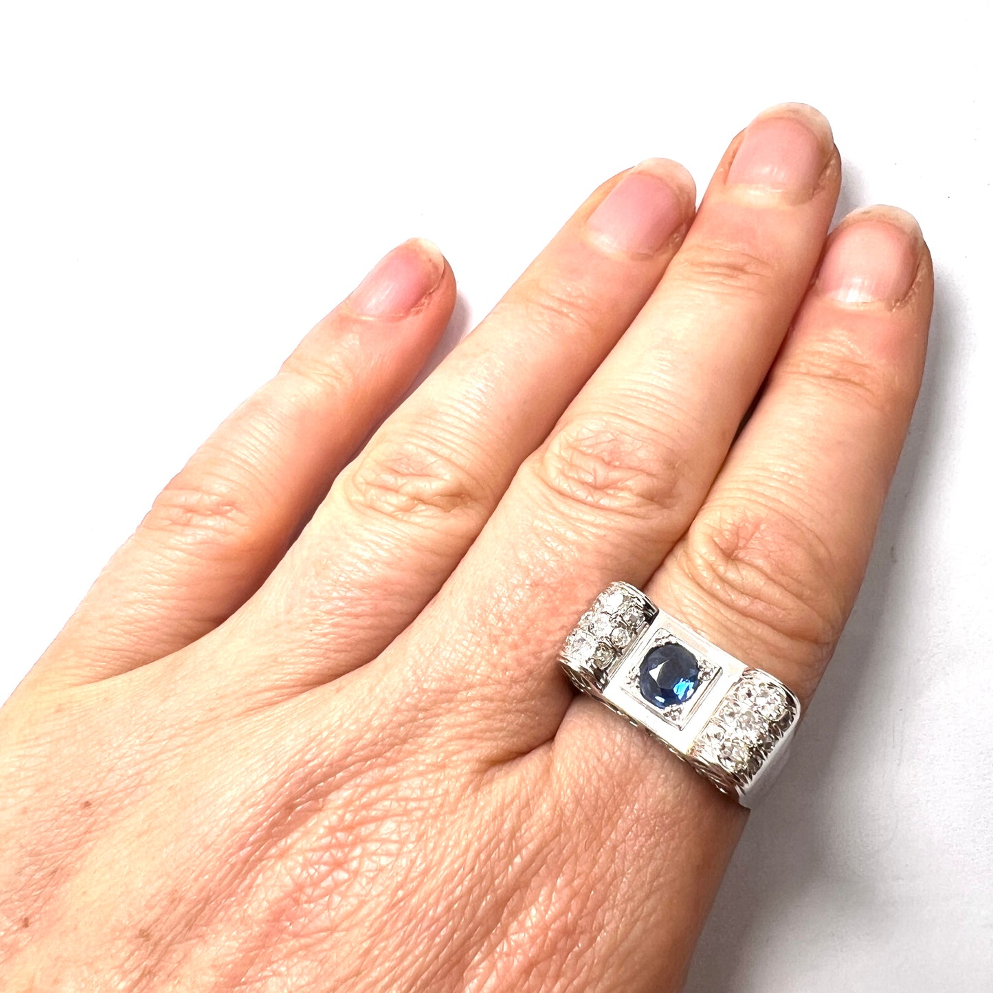 1940s 14CT Gold Vintage Sapphire and Diamond Tank Ring