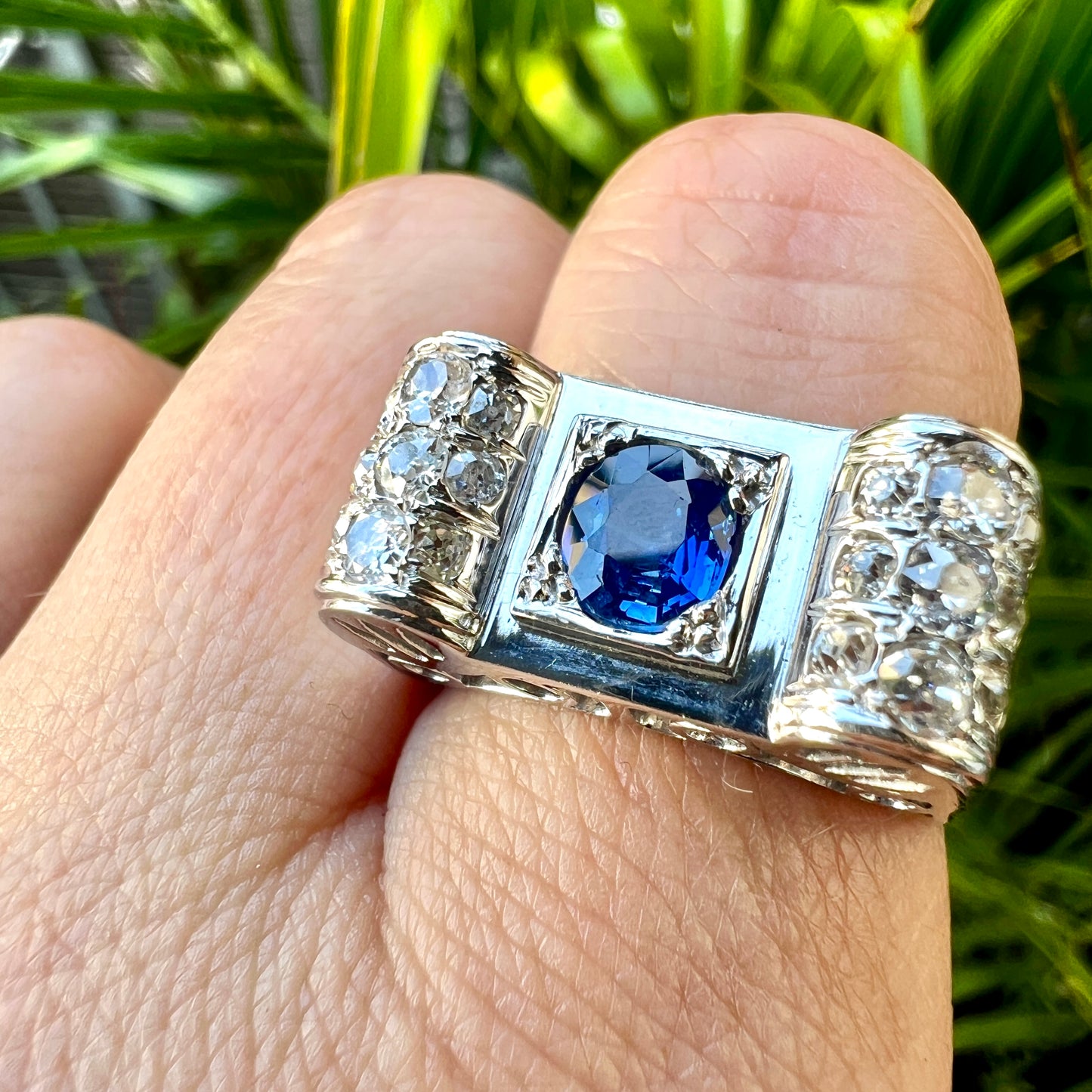 1940s 14CT Gold Vintage Sapphire and Diamond Tank Ring