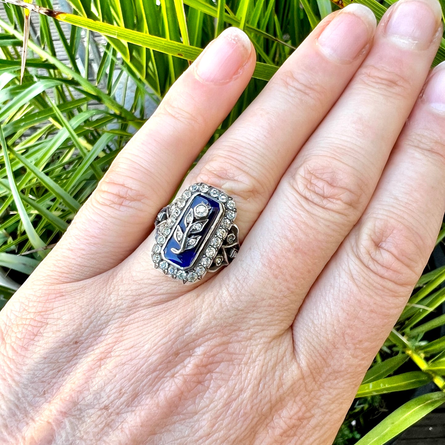 Antique Blue Enamel Gold and Silver Paste Flower Ring