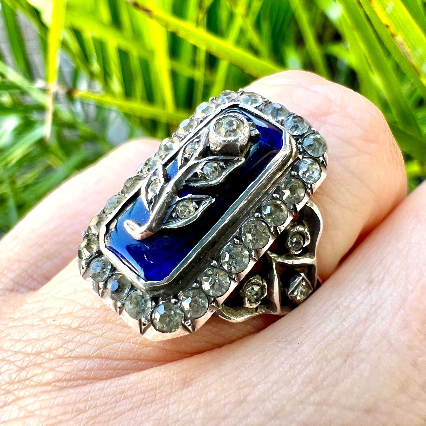 Antique Blue Enamel Gold and Silver Paste Flower Ring