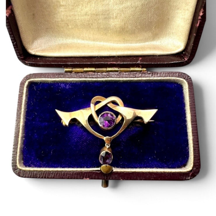 Boxed Art Nouveau 9CT Gold Amethyst Brooch by Deakin & Francis