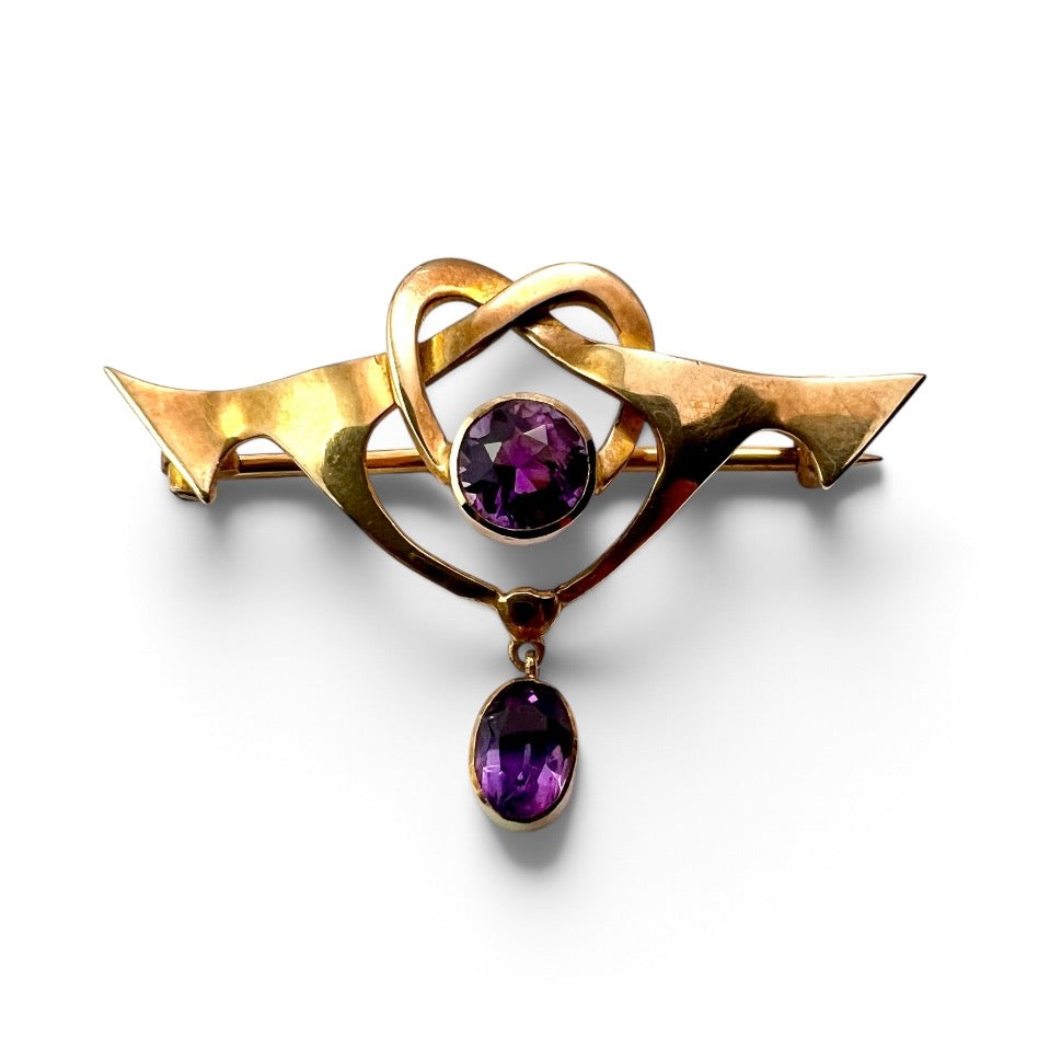 Boxed Art Nouveau 9CT Gold Amethyst Brooch by Deakin & Francis