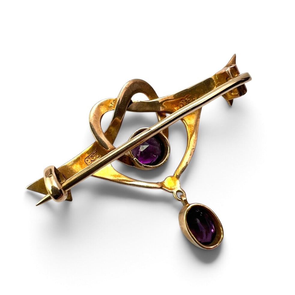 Boxed Art Nouveau 9CT Gold Amethyst Brooch by Deakin & Francis