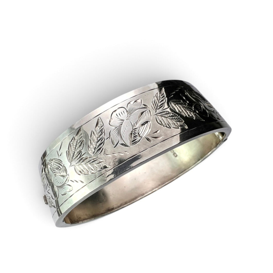 Victorian 1884 Sterling Silver Floral Bangle