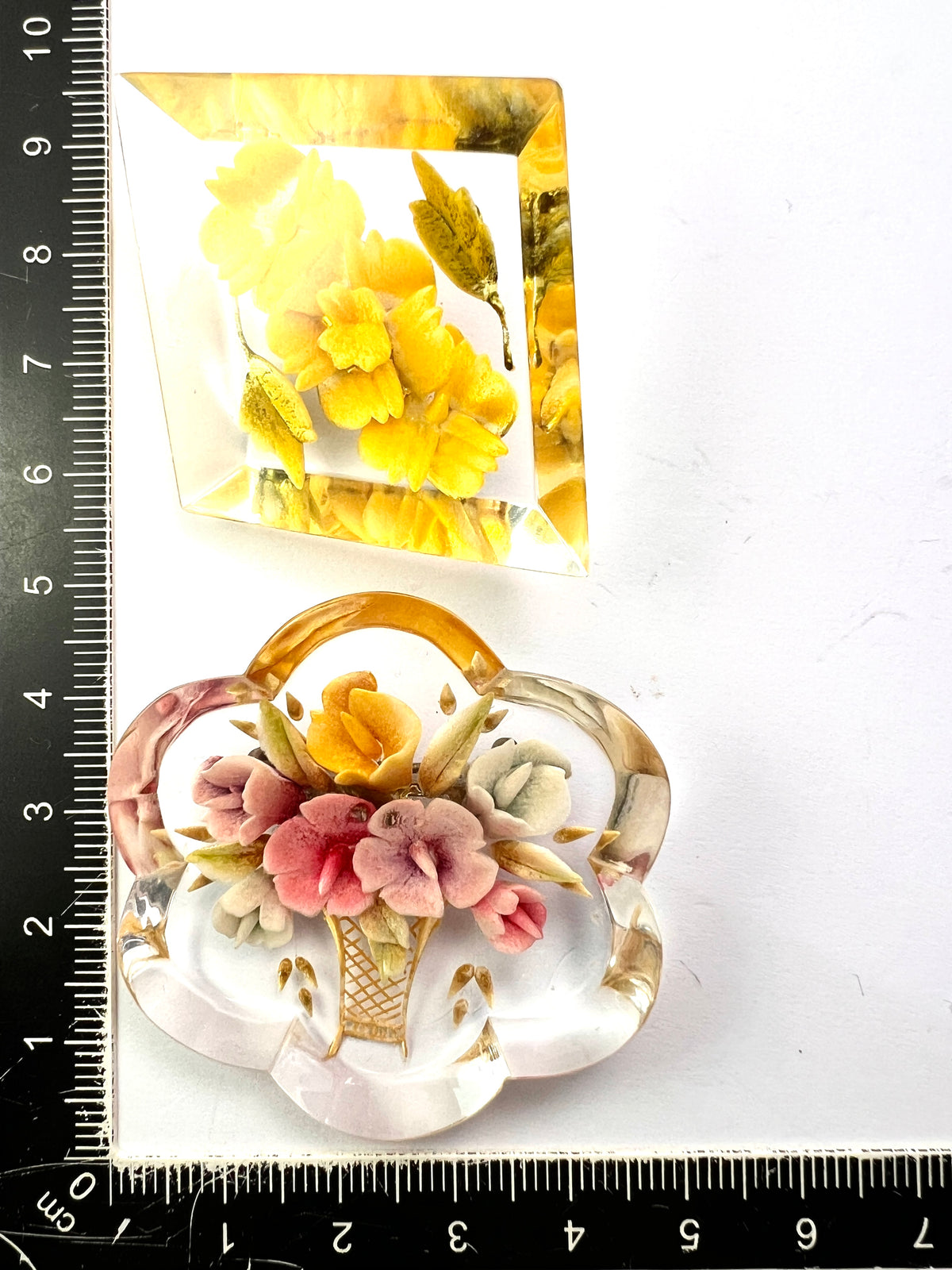 Two Vintage Retro Lucite Plastic Flower Brooches