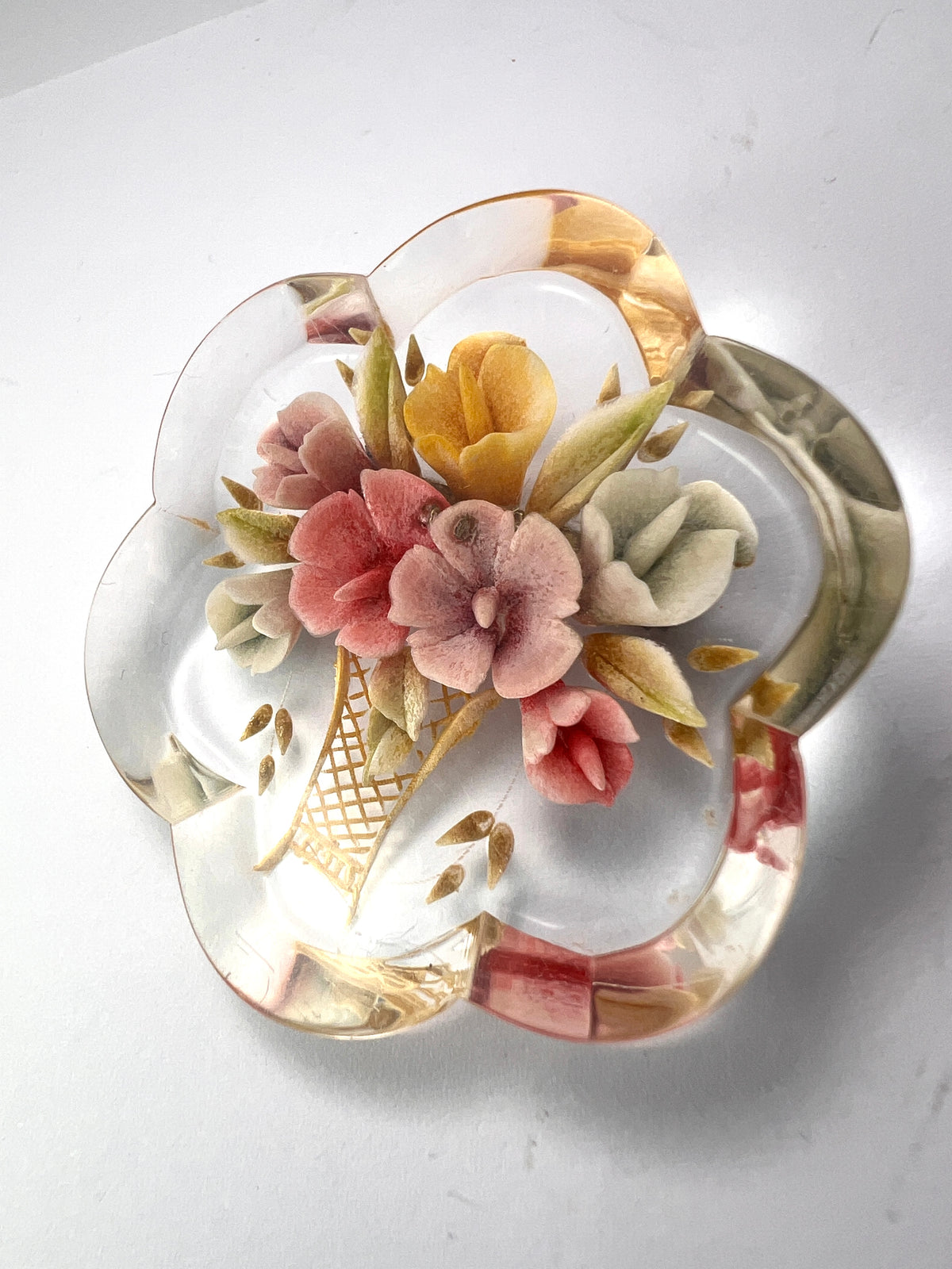 Two Vintage Retro Lucite Plastic Flower Brooches