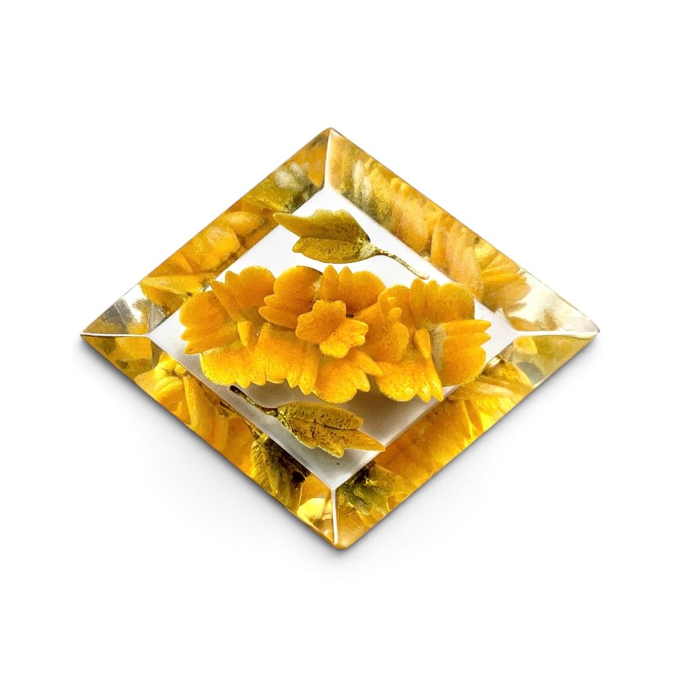 Two Vintage Retro Lucite Plastic Flower Brooches