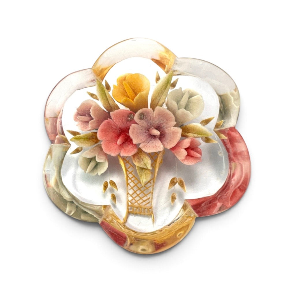 Two Vintage Retro Lucite Plastic Flower Brooches