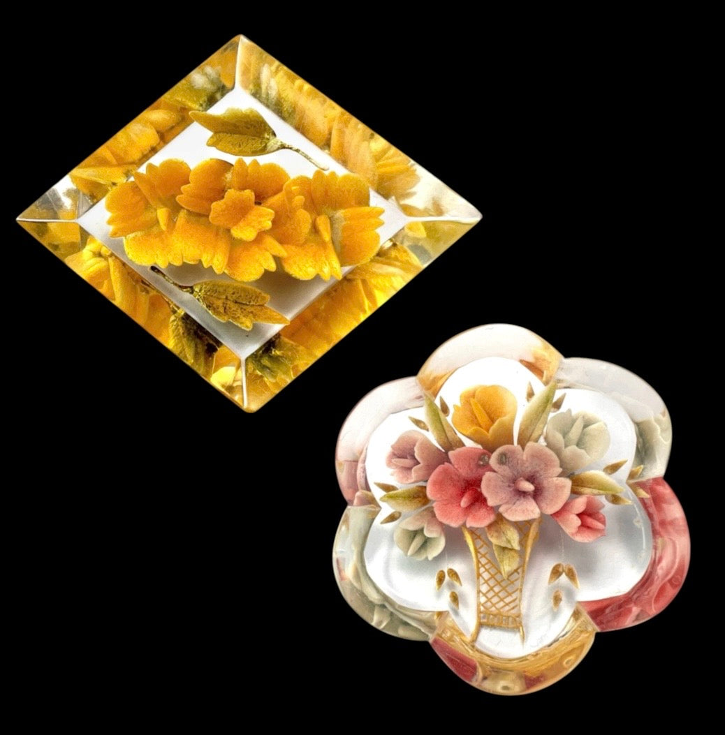 Two Vintage Retro Lucite Plastic Flower Brooches