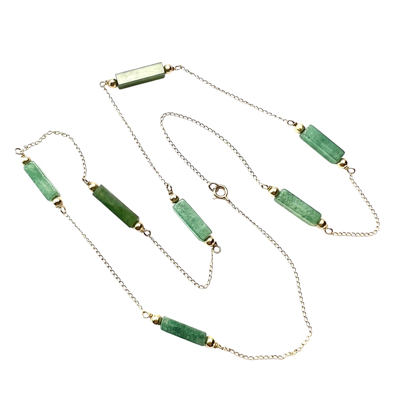 Vintage 14CT Gold Jade and Aventurine Station Chain Necklace