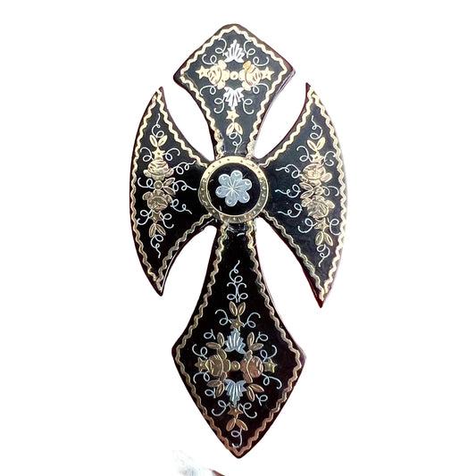 Large Victorian Gold and Silver Pique Cross Crucifix Brooch