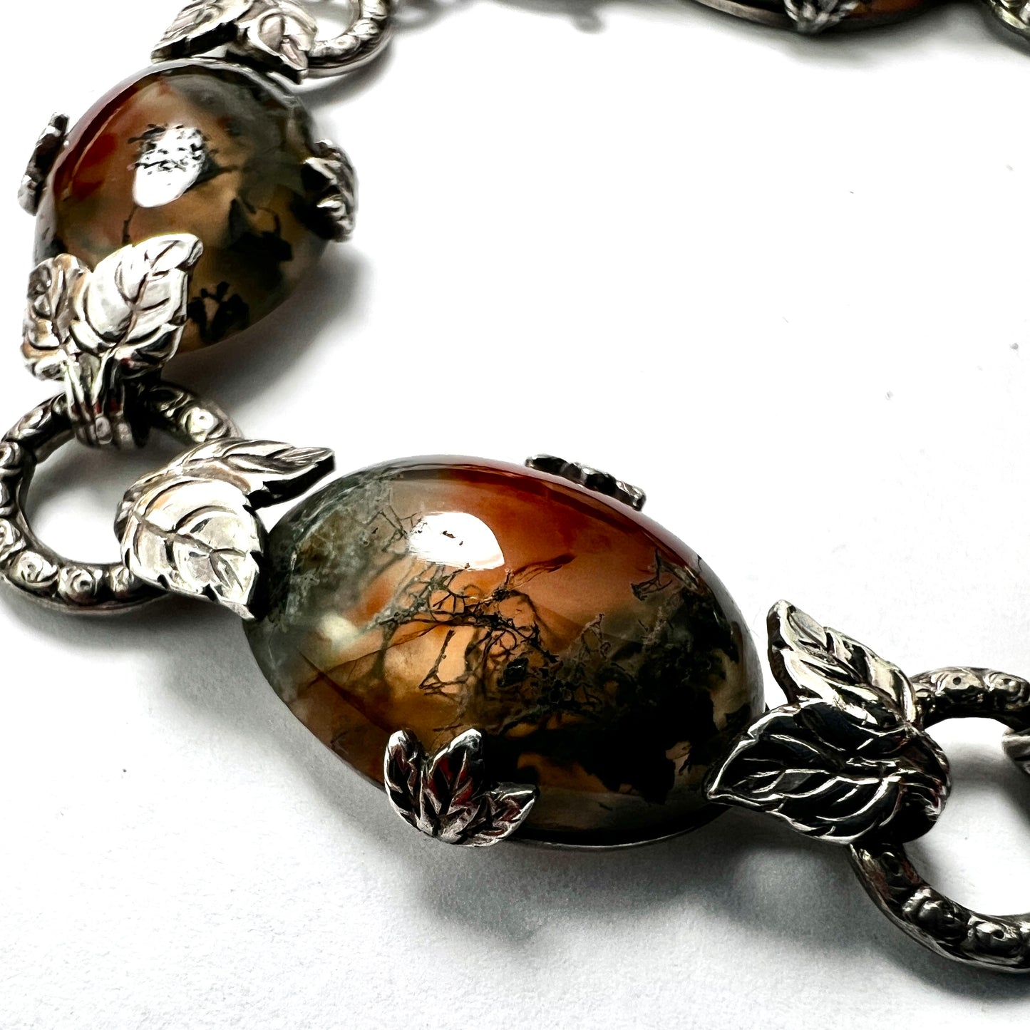 Silver Arts and Crafts Style Moss Agate Bracelet