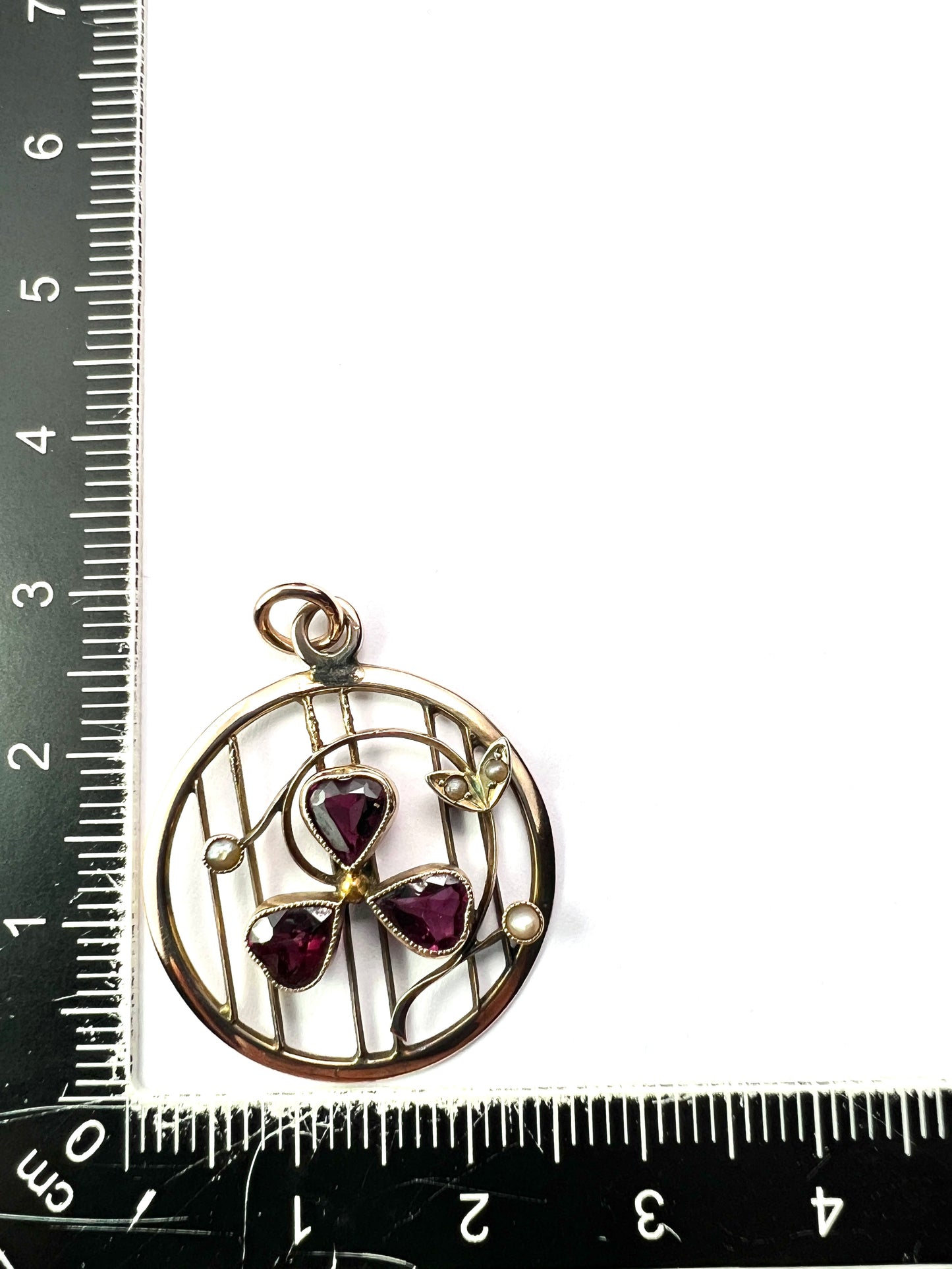 Edwardian Garnet Pearl Clover Heart 9CT Gold Pendant