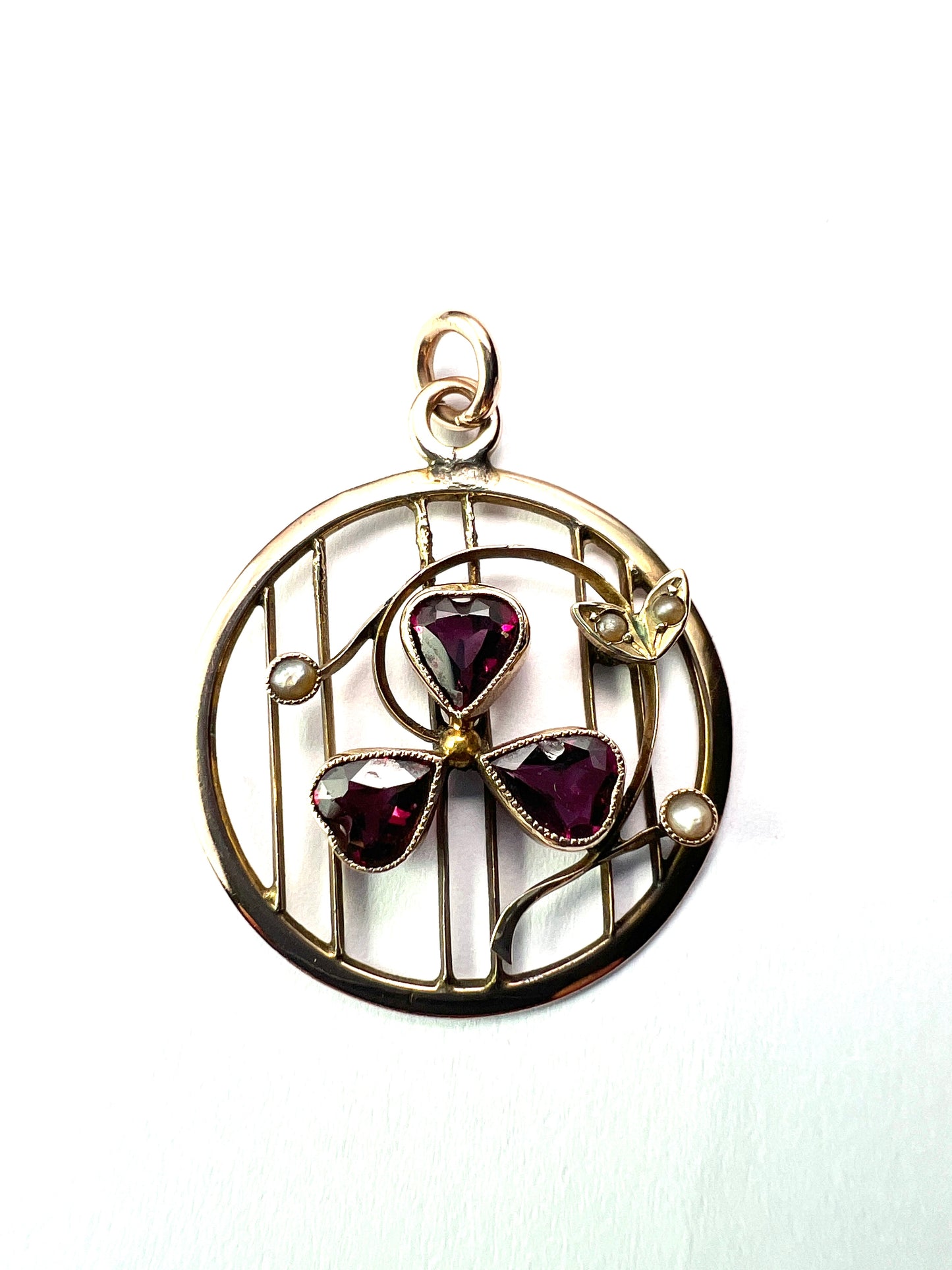 Edwardian Garnet Pearl Clover Heart 9CT Gold Pendant