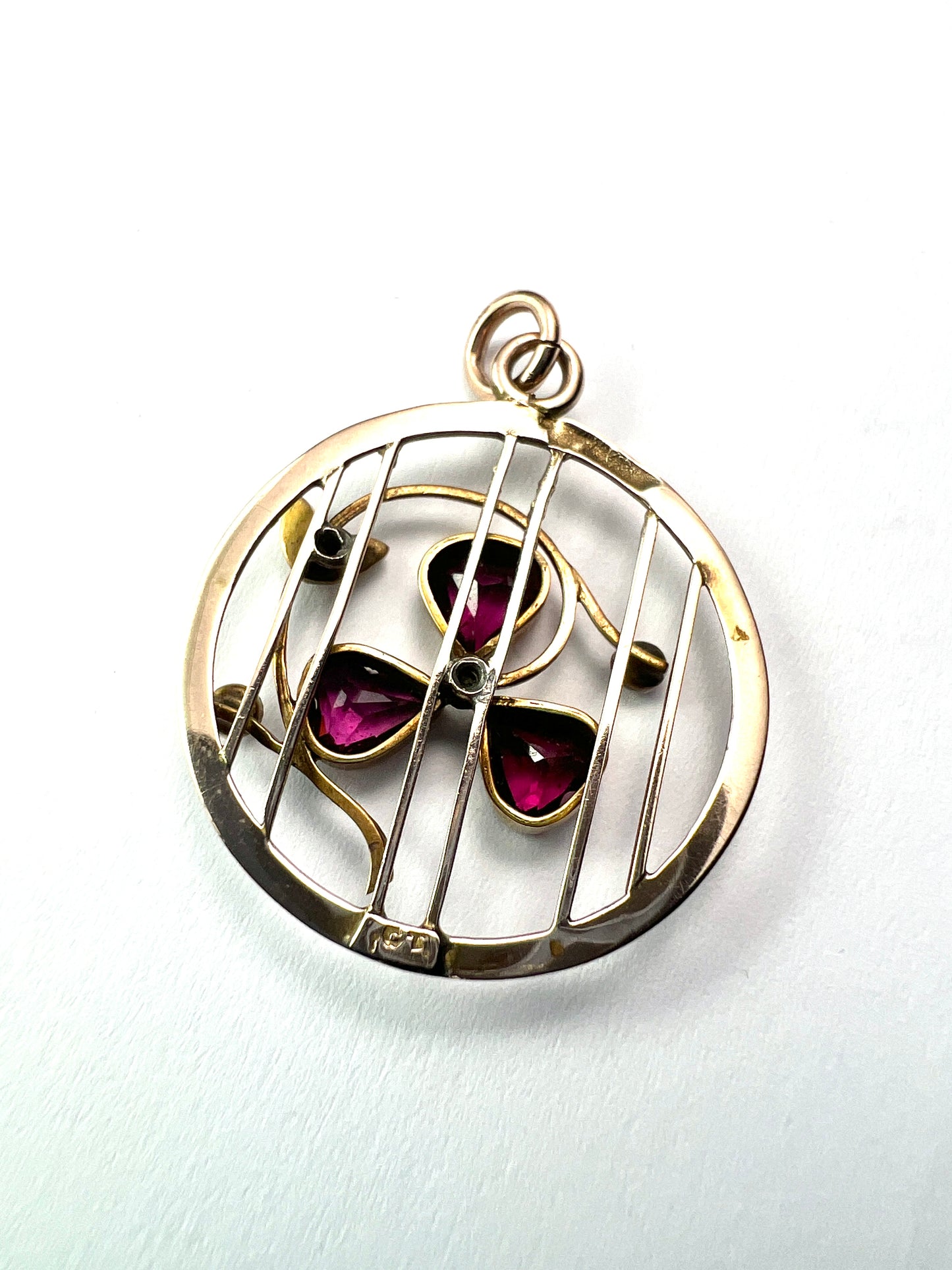 Edwardian Garnet Pearl Clover Heart 9CT Gold Pendant