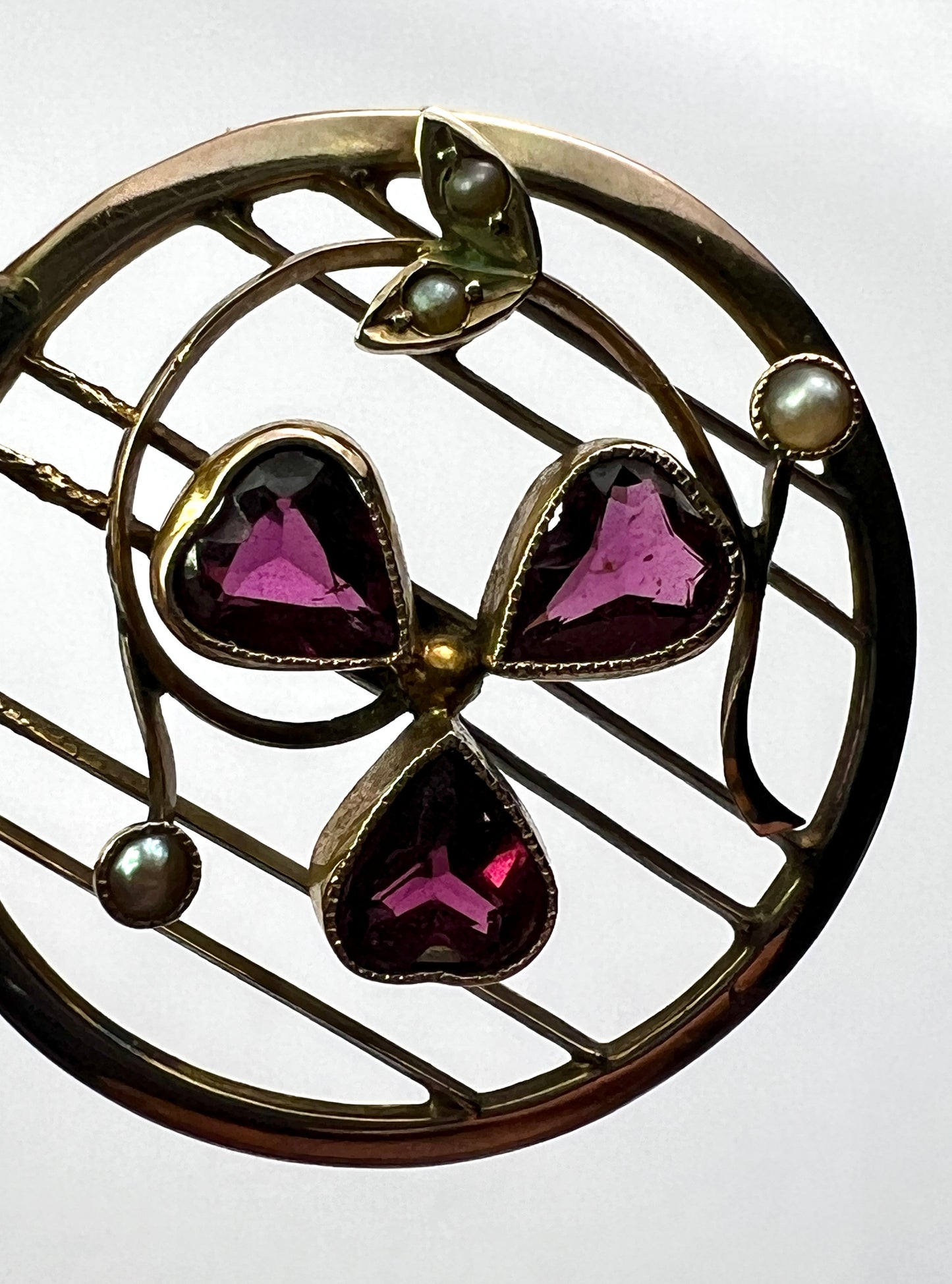 Edwardian Garnet Pearl Clover Heart 9CT Gold Pendant