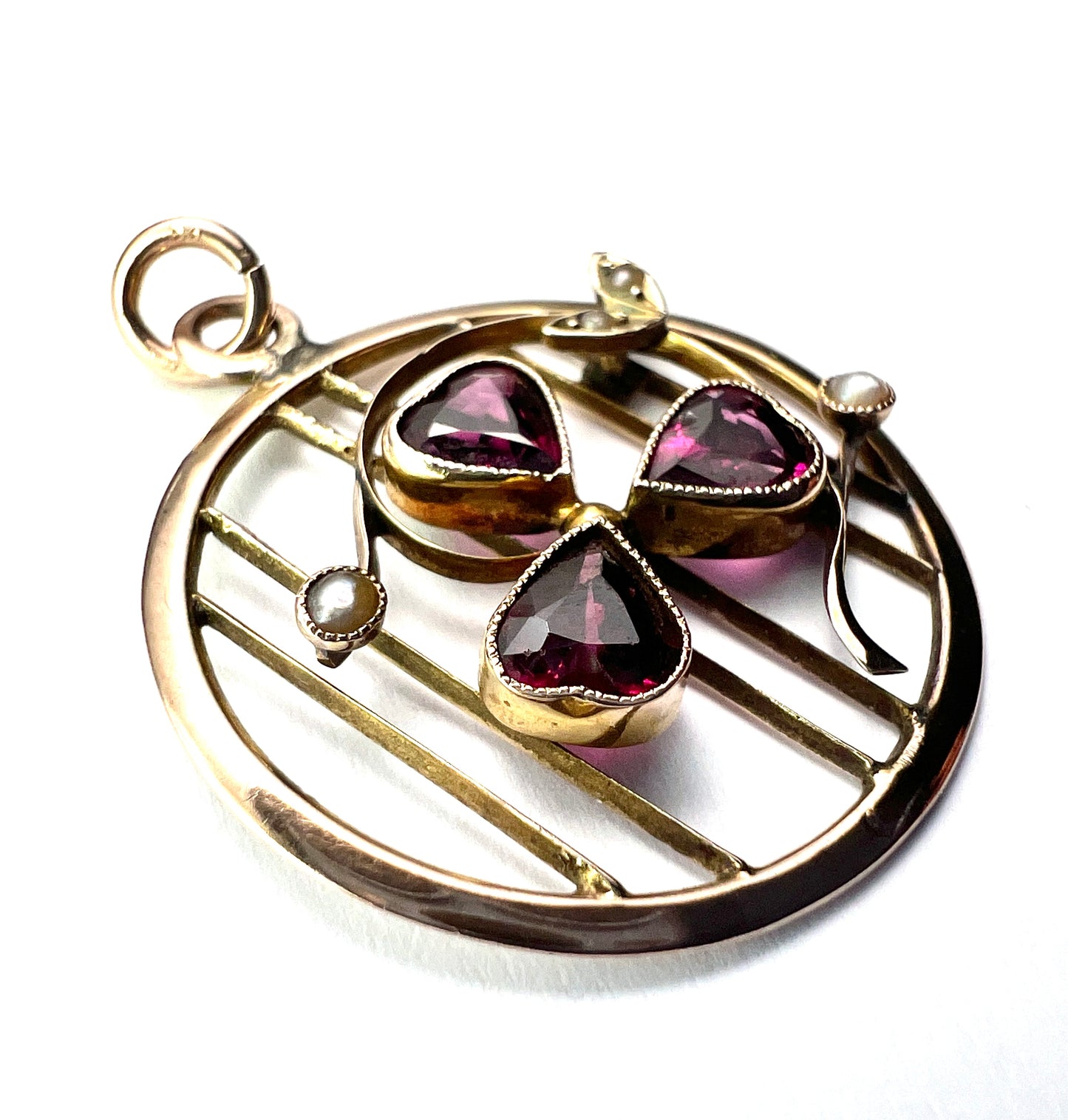 Edwardian Garnet Pearl Clover Heart 9CT Gold Pendant
