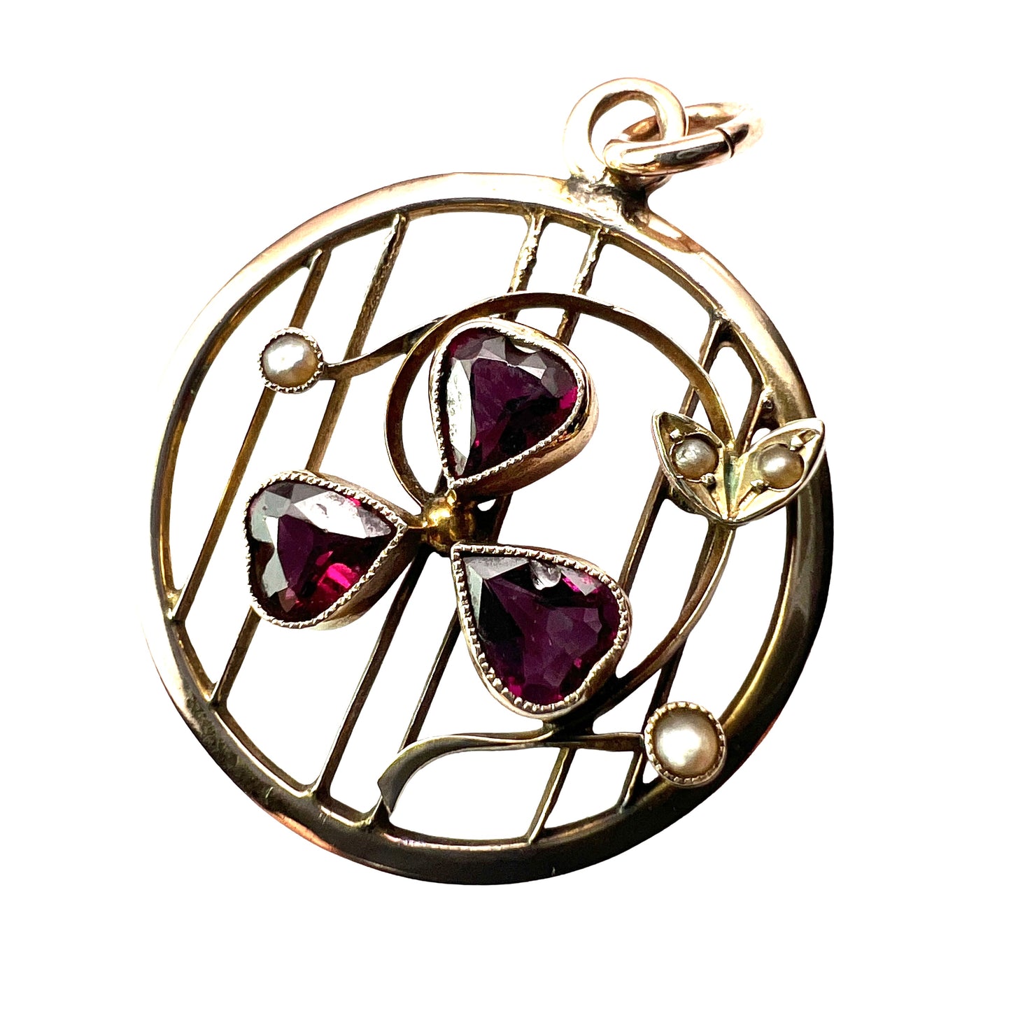 Edwardian Garnet Pearl Clover Heart 9CT Gold Pendant