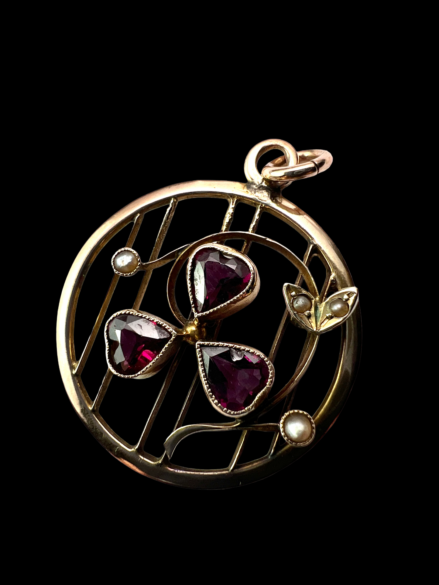 Edwardian Garnet Pearl Clover Heart 9CT Gold Pendant