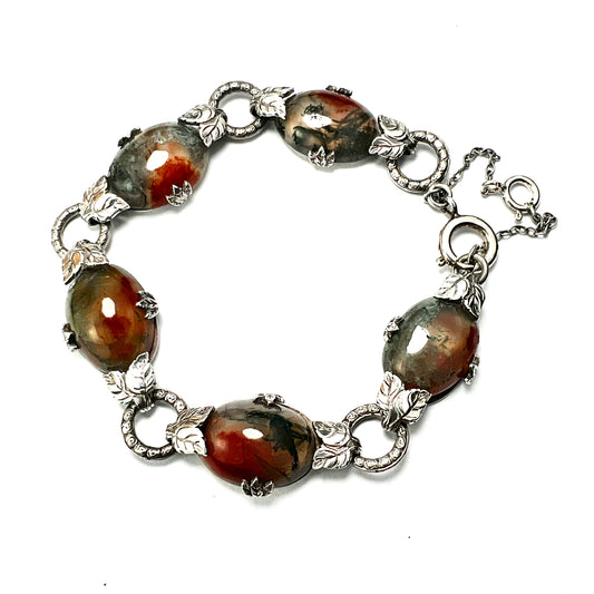 Silver Arts and Crafts Style Moss Agate Bracelet