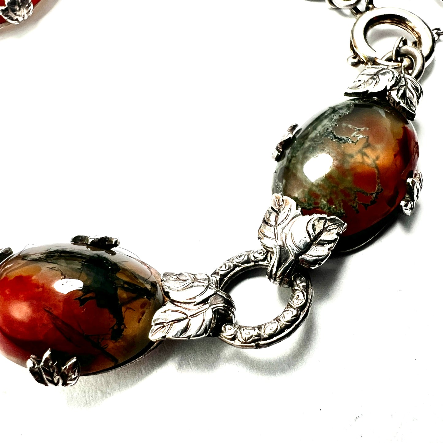 Silver Arts and Crafts Style Moss Agate Bracelet