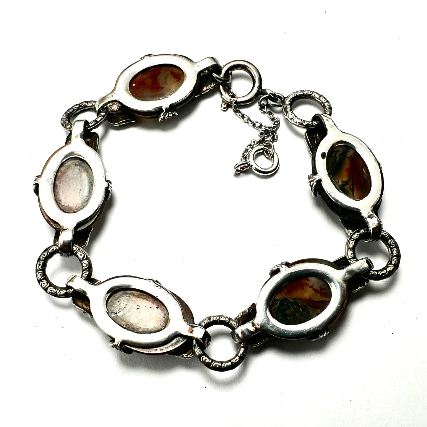 Silver Arts and Crafts Style Moss Agate Bracelet