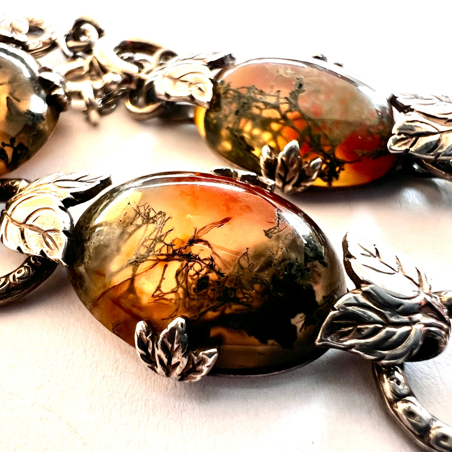 Silver Arts and Crafts Style Moss Agate Bracelet