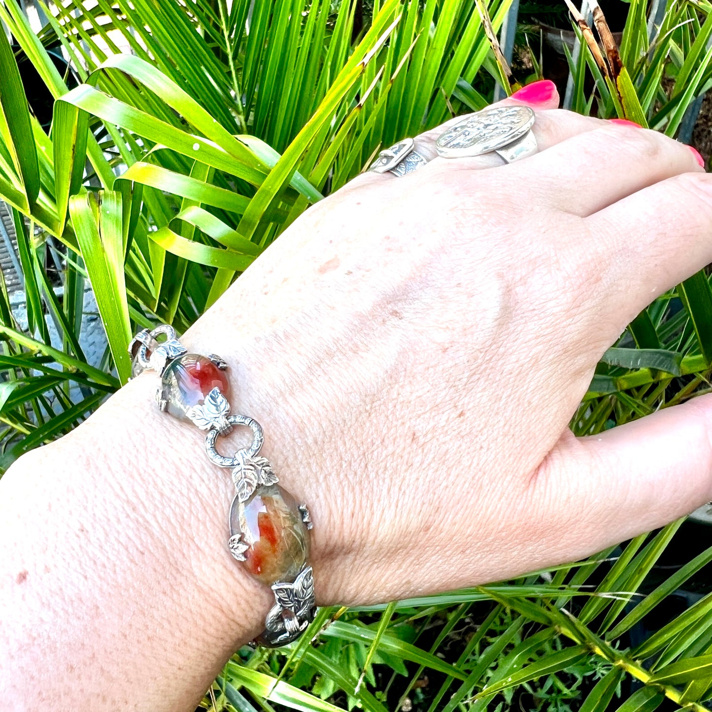 Silver Arts and Crafts Style Moss Agate Bracelet