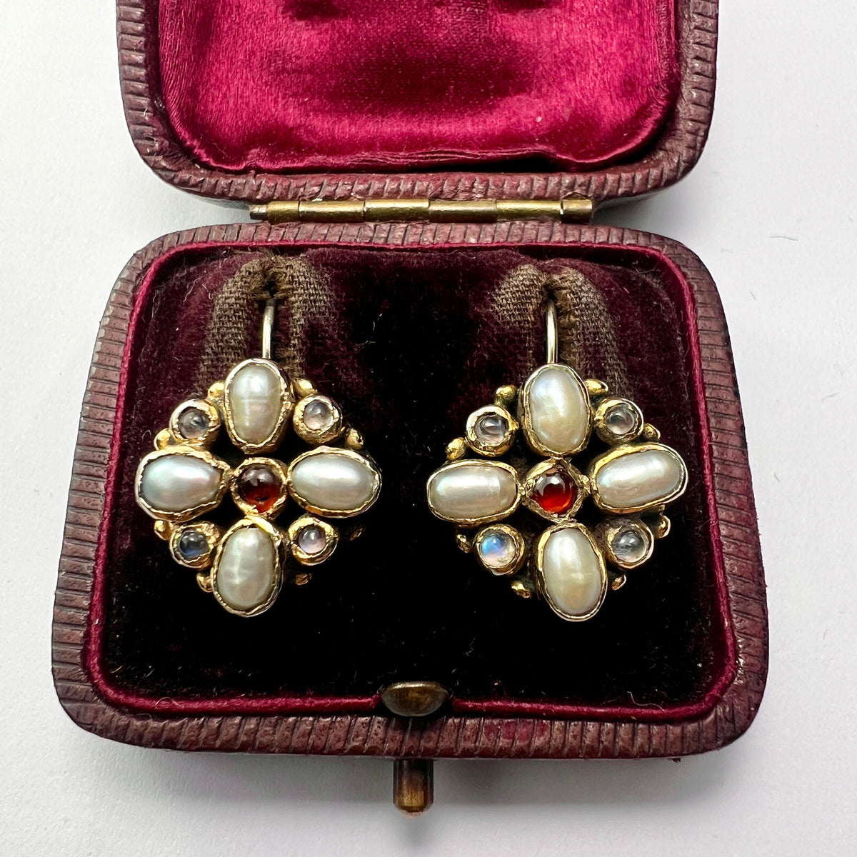 Vintage Square Cross Moonstone, Pearl and Garnet Earrings