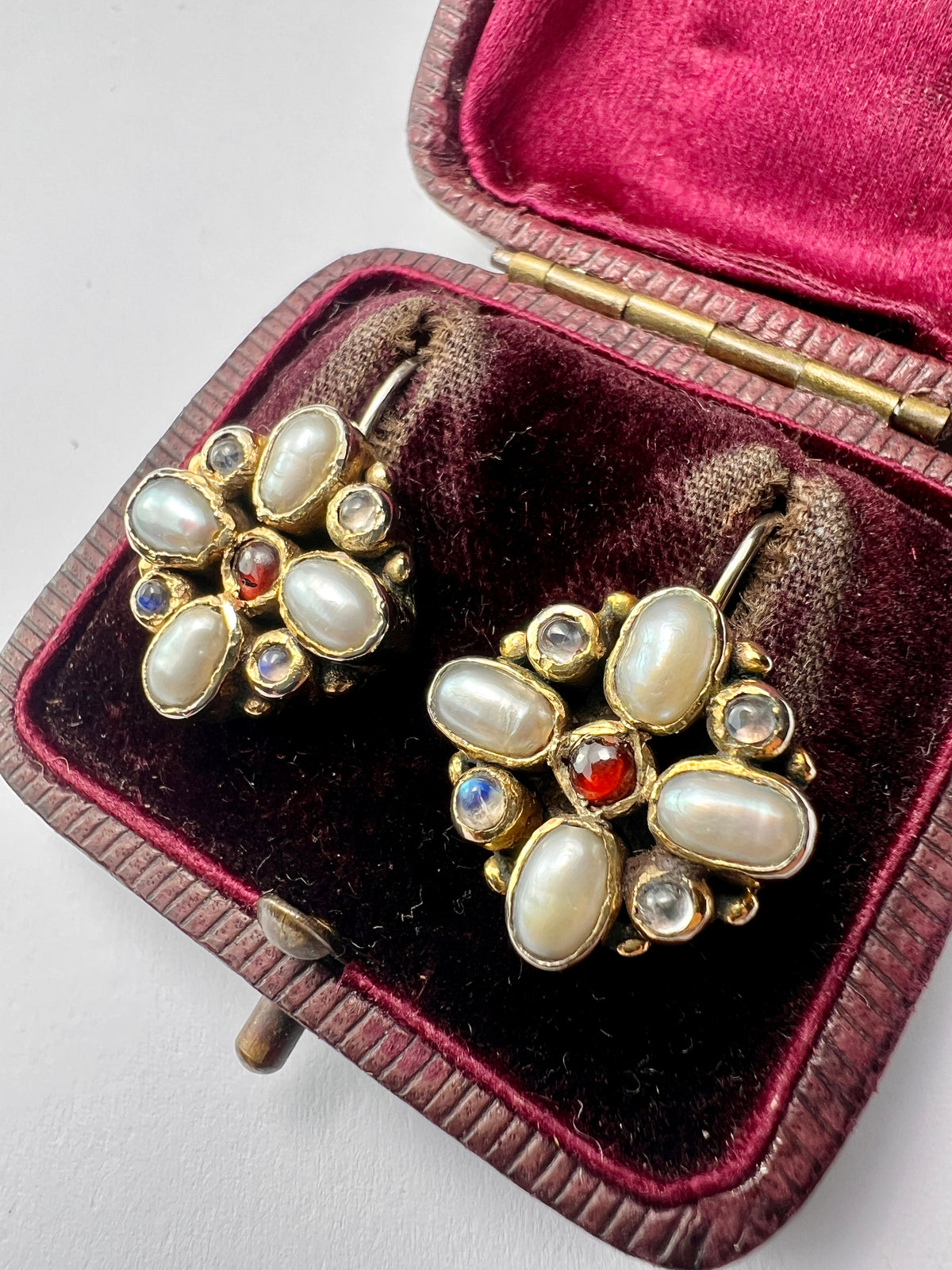 Vintage Square Cross Moonstone, Pearl and Garnet Earrings