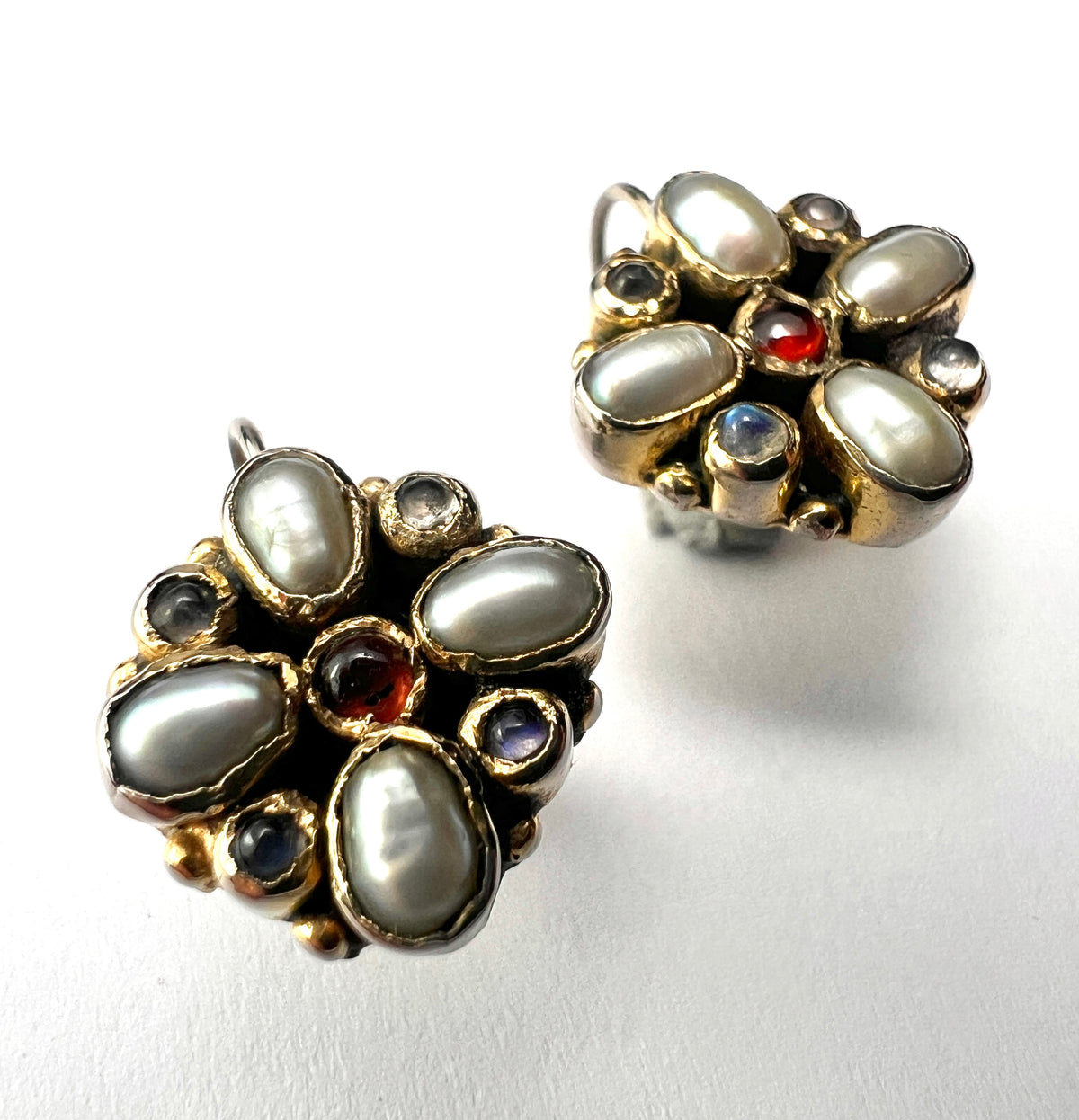 Vintage Square Cross Moonstone, Pearl and Garnet Earrings