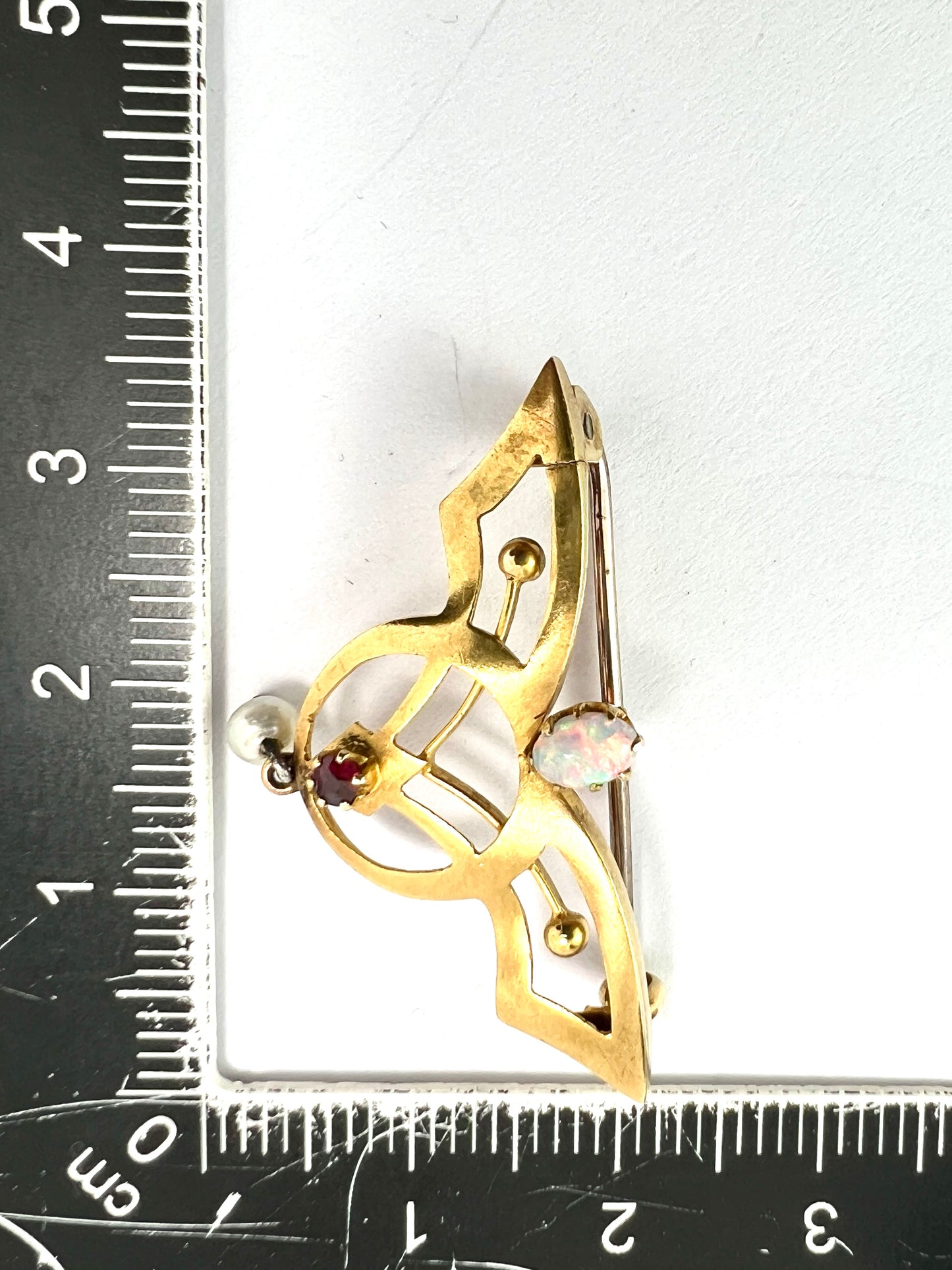 Art Nouveau 18CT Gold Opal Ruby and Pearl Brooch