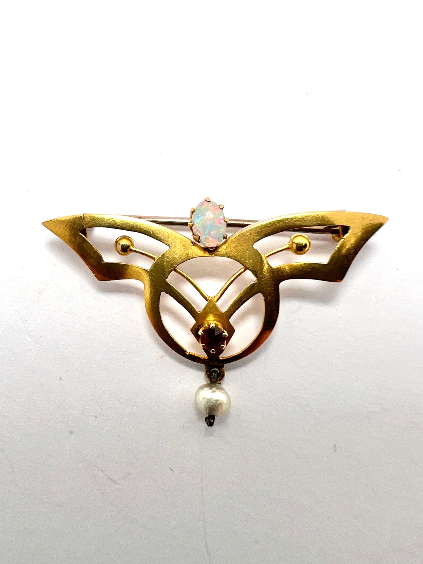 Art Nouveau 18CT Gold Opal Ruby and Pearl Brooch