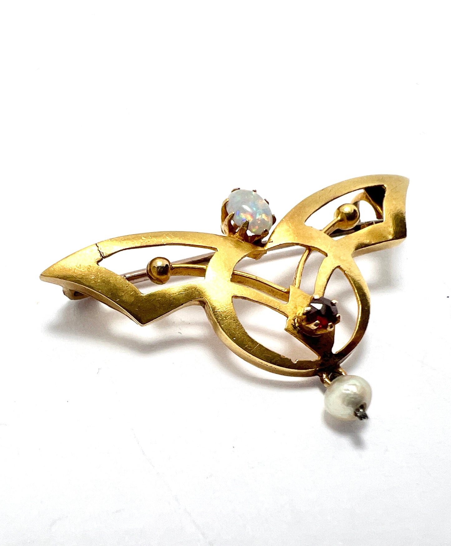 Art Nouveau 18CT Gold Opal Ruby and Pearl Brooch