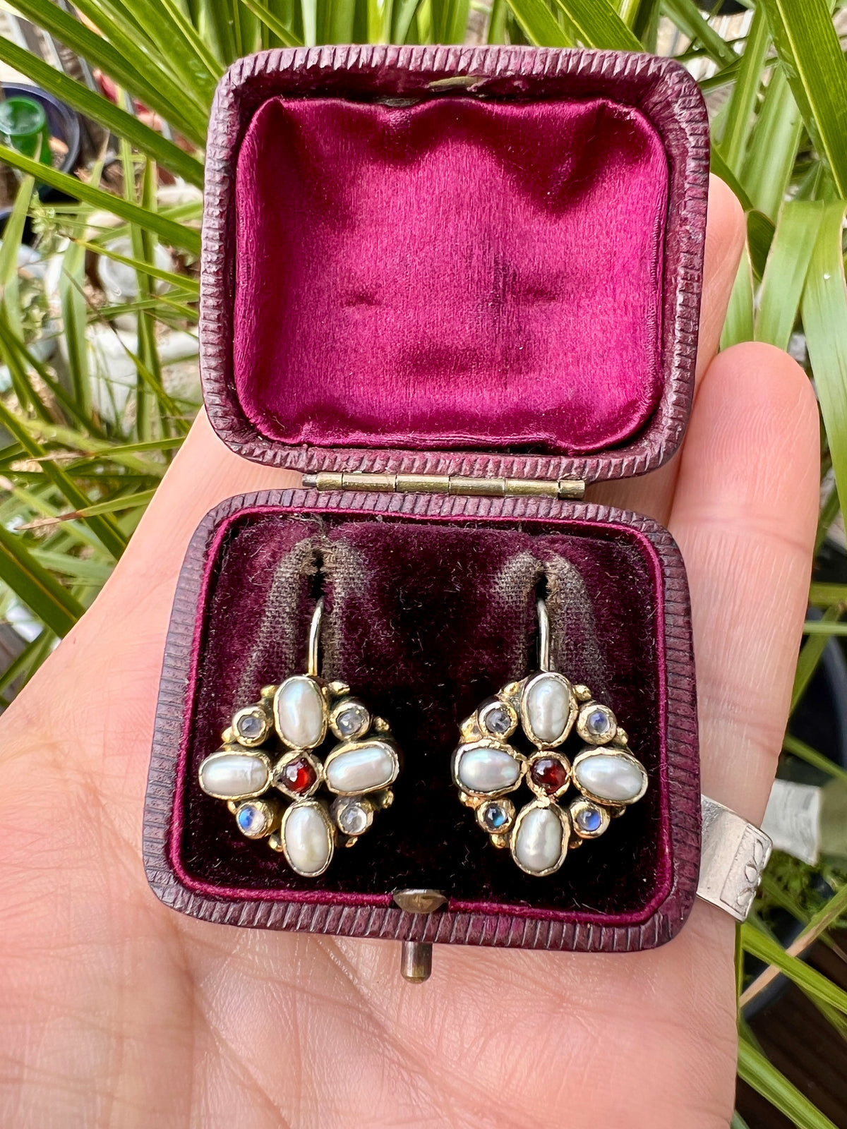 Vintage Square Cross Moonstone, Pearl and Garnet Earrings