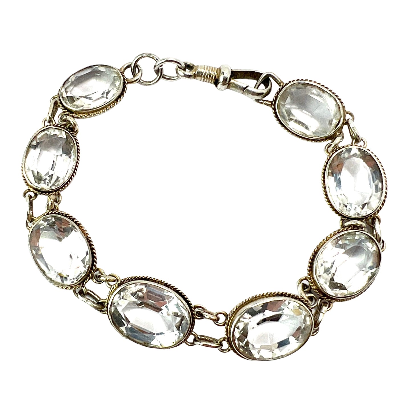 Vintage Rock Crystal Silver Link Bracelet with Dog Clip