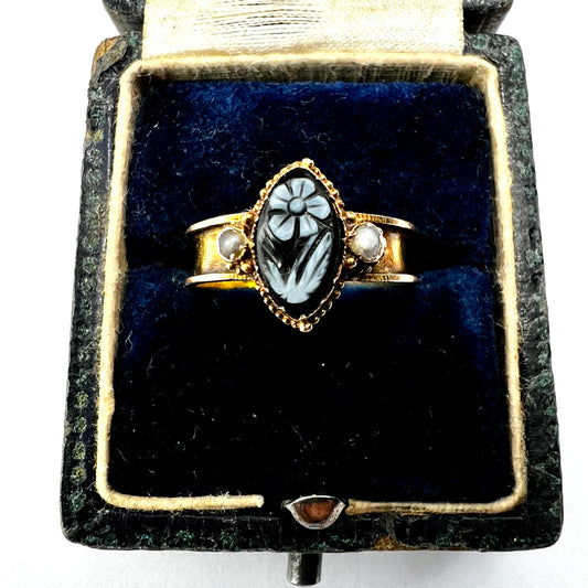 Victorian 15CT Gold Sardonyx and Pearl Forget me Not Memorial Ring