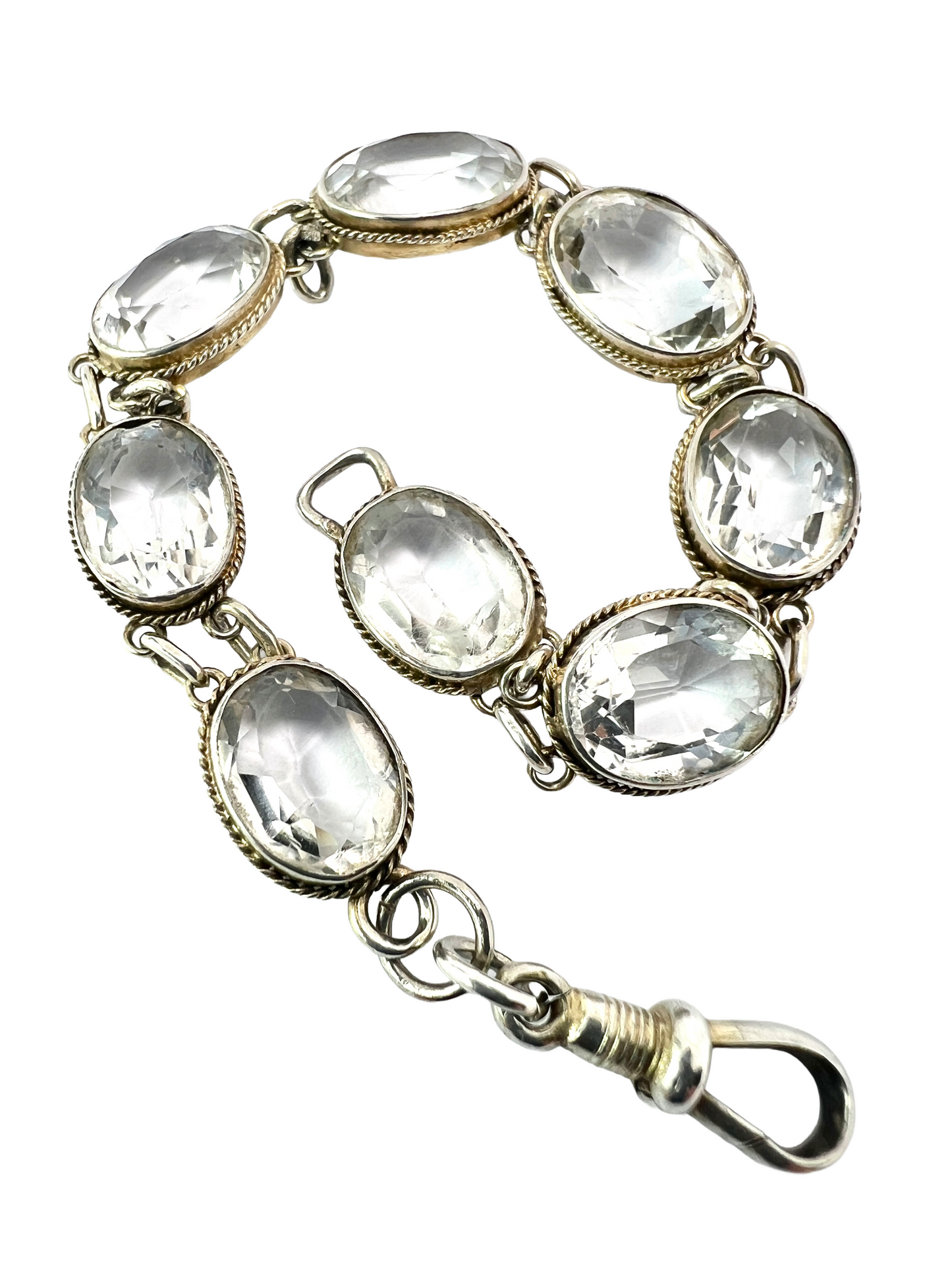 Vintage Rock Crystal Silver Link Bracelet with Dog Clip