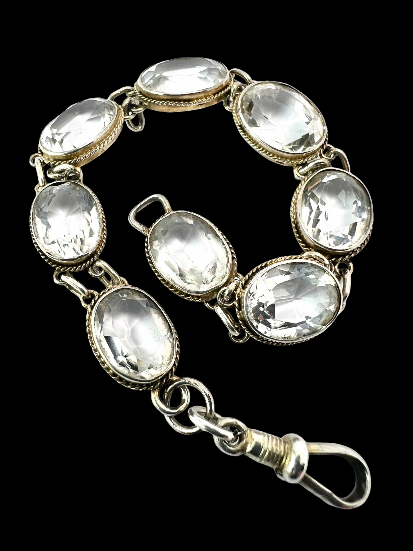 Vintage Rock Crystal Silver Link Bracelet with Dog Clip
