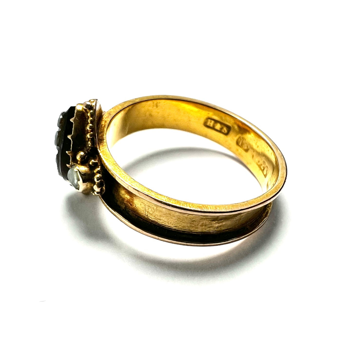 Victorian 15CT Gold Sardonyx and Pearl Forget me Not Memorial Ring